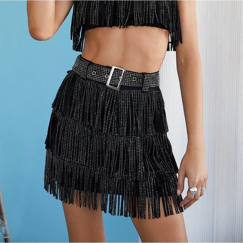 Rhinestone Black Fringe Belted Skirt (12th Tribe)